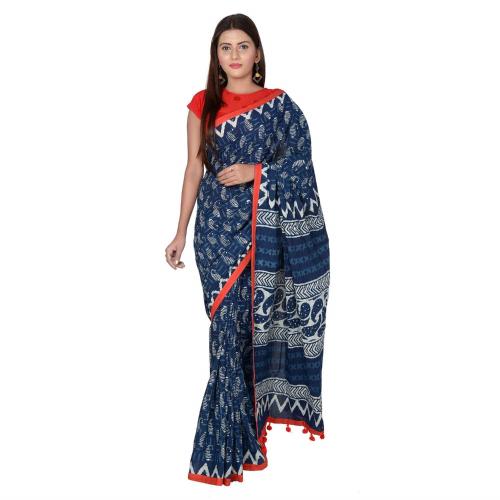 PANVI Cotton Saree (P-63_Hand Block Printed Indigo Blue Pure Cotton With Blouse Piece Free Size)