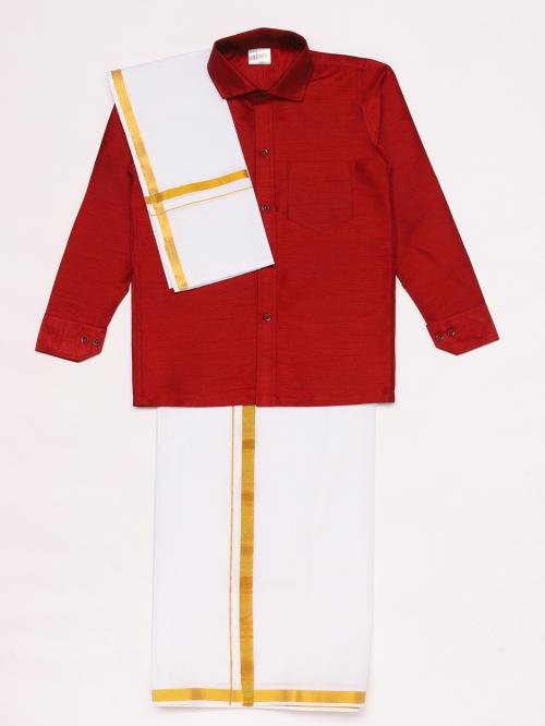 Vastramay Boys' Maroon and White Silk Blend Shirt Mundu and Dupatta