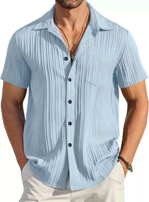 BHIKADIYA Men's Sugarcane Popcorn Half Sleeve Spread Collar Casual Shirt Regular Fit | Button Closure Self Design Shirt | Regular Fit, Men's Casual Shirt ,Comfort Fit, Button Closure -(Sky) L