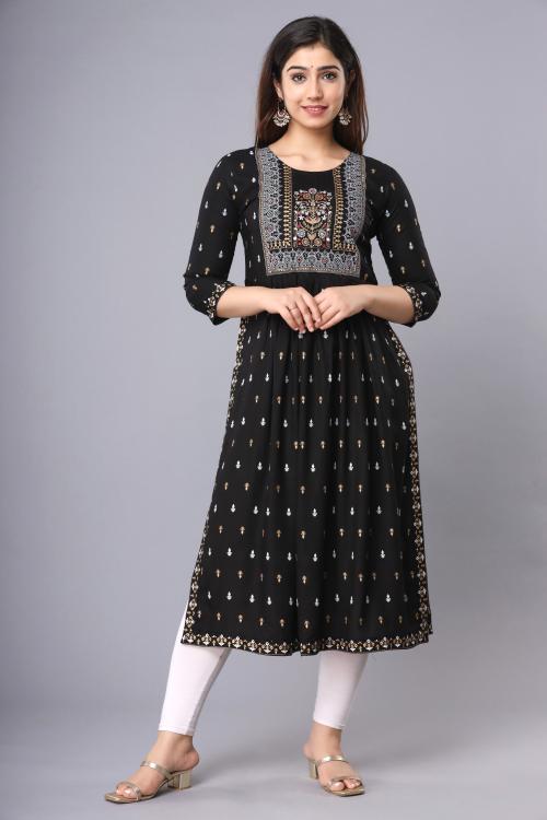 Aanshi FASHION Rayon Printed/Embroidered Naira Cut Kurti (Black)