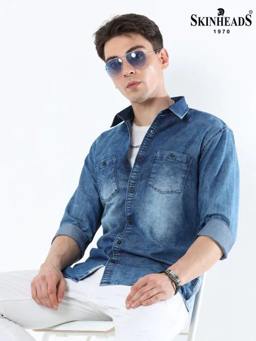 SKINHEADS Men's Denim Cotton Casual Shirt - Dark Blue