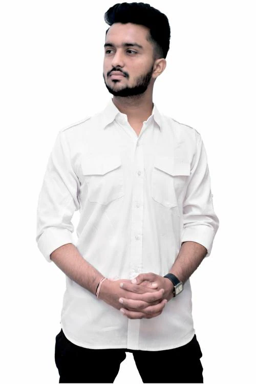 REBANTA Mens Casual Shirt Double Pocket (White, Pure Cotton,3XL)