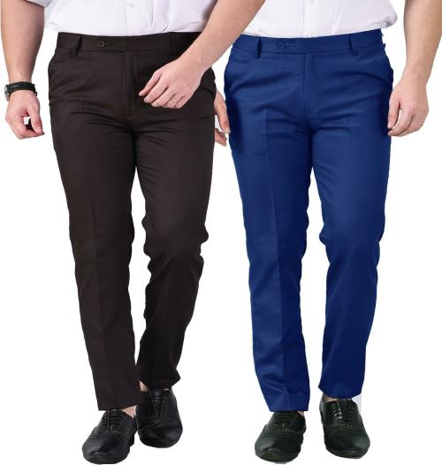 AD & AV Men Brown Solid Synthetic Pack Of 2 Formal Trousers
