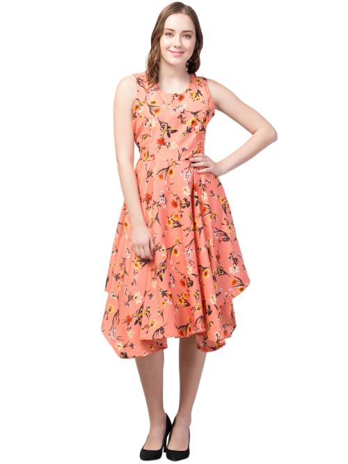 My Swag Women's Peach Color Floral Print Asymmetric Dress