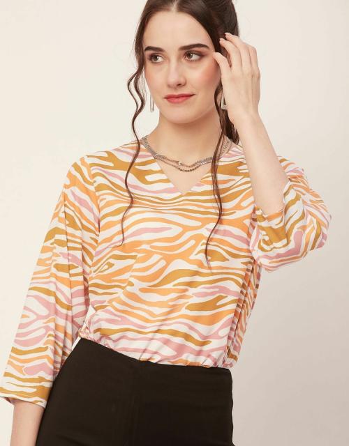 Moomaya Printed V-Neck Tops For Women, Quarter Sleeve Regular Fit Casual Tunic Top