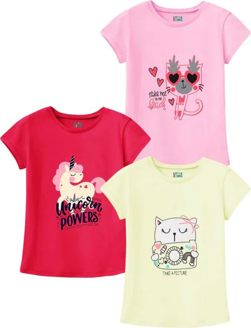 Little Zing Girls Multicolor Pure Cotton Printed Pack Of 3 T Shirt| Girls tshirt| Kids Tshirt| Kids Wear| Tshirt for Girls| Baby Clothes| T shirt for Girls| Girl T-shirt