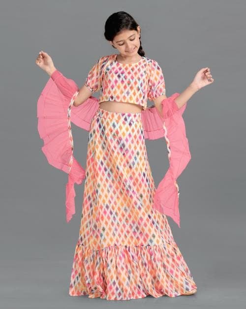 Fashion Dream Girls Multicolor Digital Printed Georgette Lehenga Choli & Dupatta Set | Girls Lehenga Choli | Girls Ethnic Wear | Lehenga Choli | Readymade Lehenga Choli | Ghagra Choli | Lehenga Choli For Girls