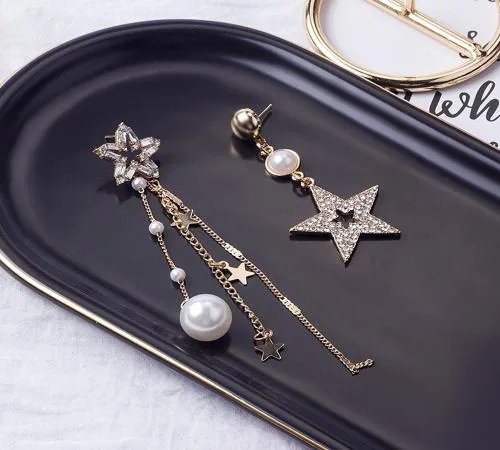 ARZONAI 925 silver needle fashion asymmetric 5-pointed star pearl sulfuric acid earrings Stainless Steel Stud Earring