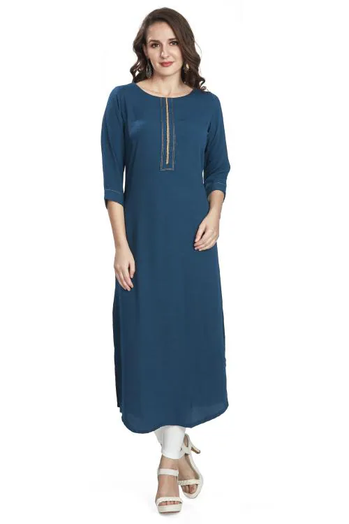 nioni Women’ s Straight Kurta with Embroidery, Stylish Side Cut Kurti for Girls, 3/4 Sleeves (Teal Blue, XL)