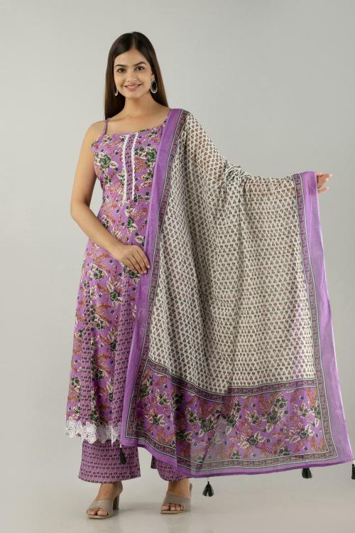OMASK Women Purple Rayon Sleeveless Anarkali Kurta with Palazzo and dupatta