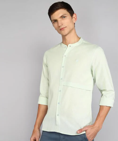 Stylistico Casual/Formal Linen Plain Solid Pure Cotton Full Sleeves with Mandarin Collar Shirt for Men L