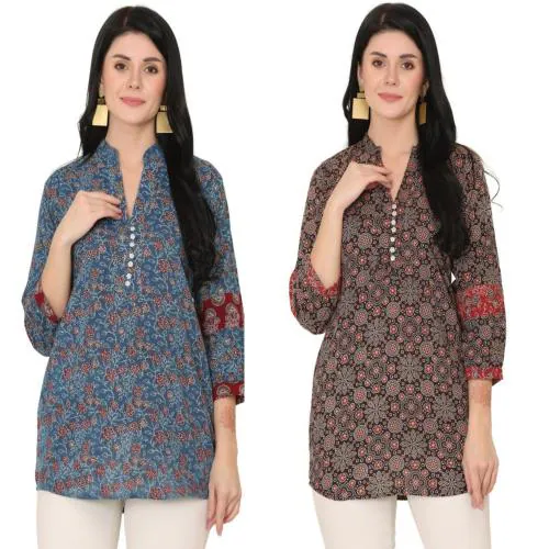 Jivitha Blue And Black Ajrakh print Short kurta in cotton material (Combo) Pack of 2