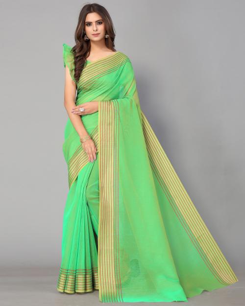 Ruchika Fashion Green Cotton Solid Gold Zari Weave Saree with Blouse Piece