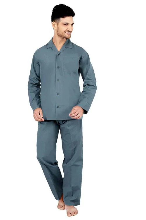 TATWAM Men Dark Grey Solid Cotton Top And Pyjama Set