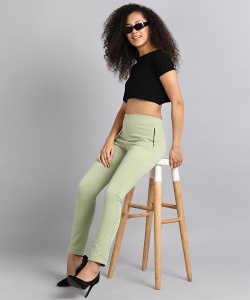 Green Mist High-Waisted Tapered Cigarette Trousers for Women -674 - XXL / Green Mist
