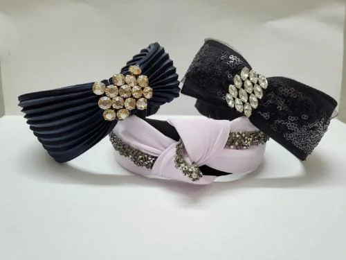 Deepti Chandna Designs Hair Accessories, Combo of 3 Hairbands with Navy Blue Velvet Swarovski, Rust