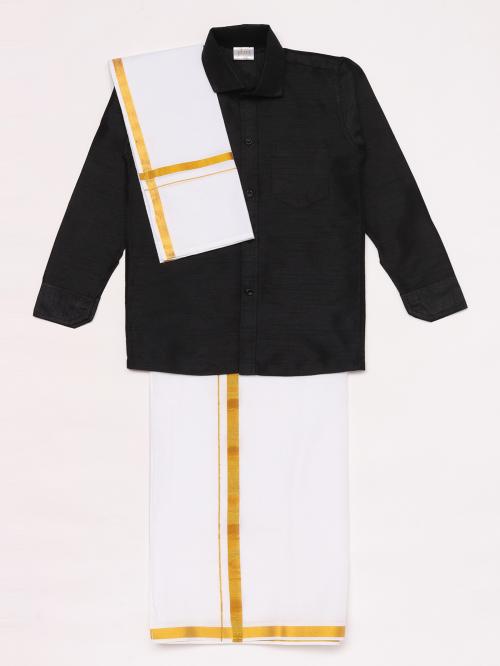 Vastramay Boys' Black and White Silk Blend Shirt Mundu and Dupatta