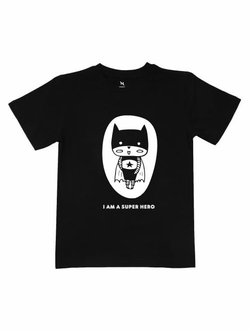 Manaac Boys' Black T-shirt with Cartoon Cat Superhero Costume and 'I AM A SUPER HERO' Slogan 5-6 Years