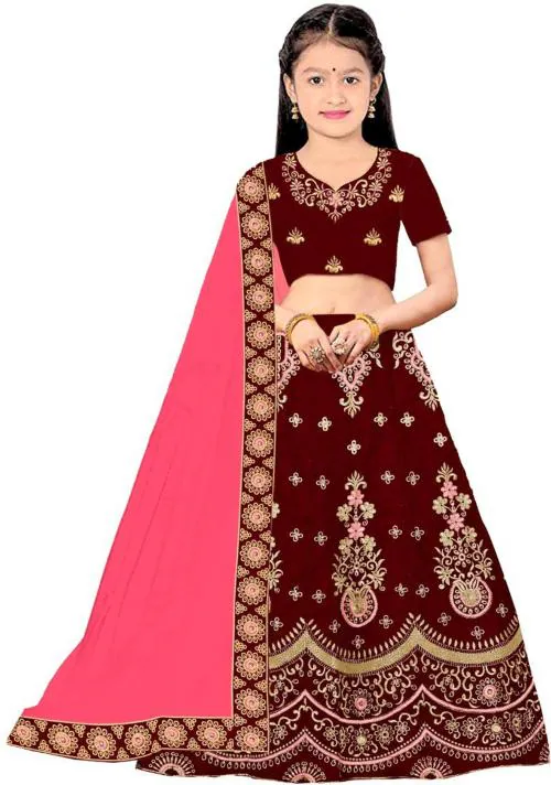 Dholazon Girls Maroon Embroidered Satin Blend Lehenga, Choli And Dupatta Set (3-4 Years)