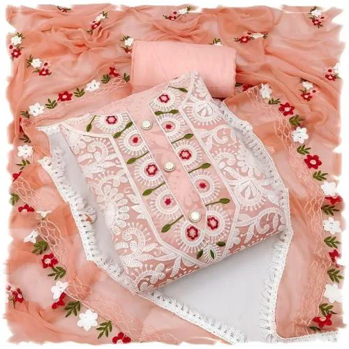 Sidhidata Women's Heavy Chanderi Cotton Embroidery Work Unstitched Salwar Suit Dress Material With Nazmin Work Dupatta Orange