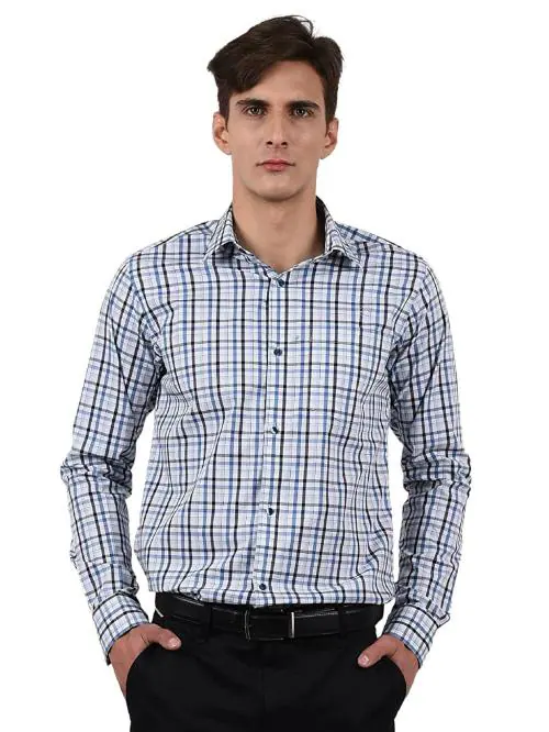 Rhysley Men Blue Check Cotton Check Shirt - 36