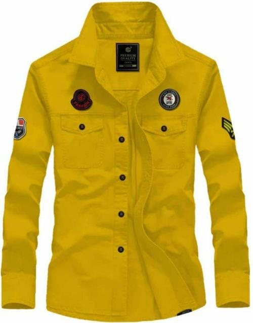 BLIMERC Men Yellow Solid Cargo Cotton Shirt With Double Pocket - XXL