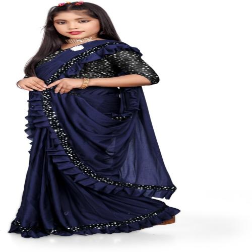 KESWI FAB Kids Lycra Blend Ready To Wear Saree With tikala work Blouse Piece