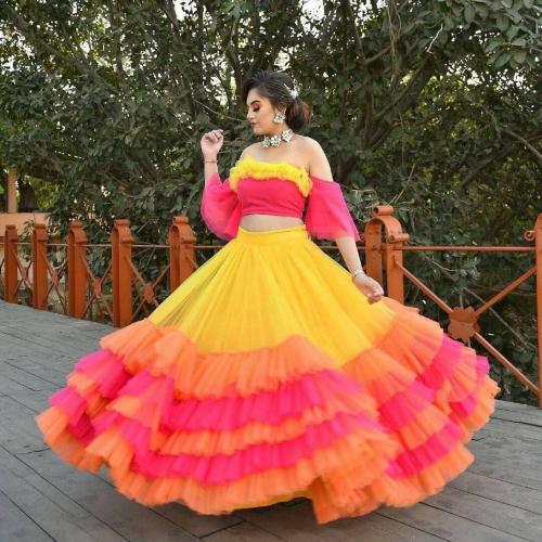 Omstar Fashoin Women Pink Self Design Net Semi Stitched Lehenga Choli