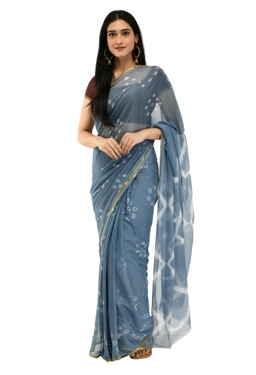 Bunny Creation Grey Chiffon Bhandani Design Saree With Unstiched Blouse Piece