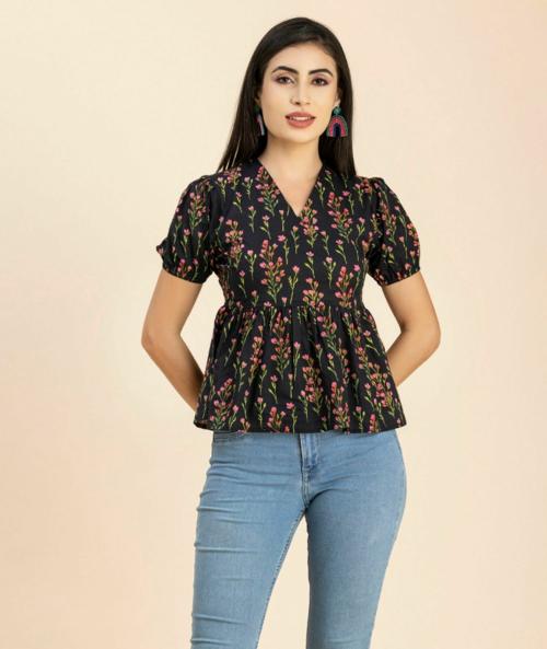 Moomaya Women's Short Puff Sleeves Peplum Top, V Neck Cotton Crop Top