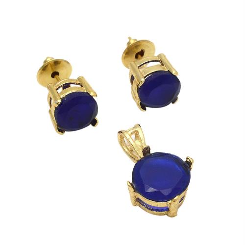 Bfc Dark Blue Copper, Gold-Plated Round Pendant With Earrings For Women