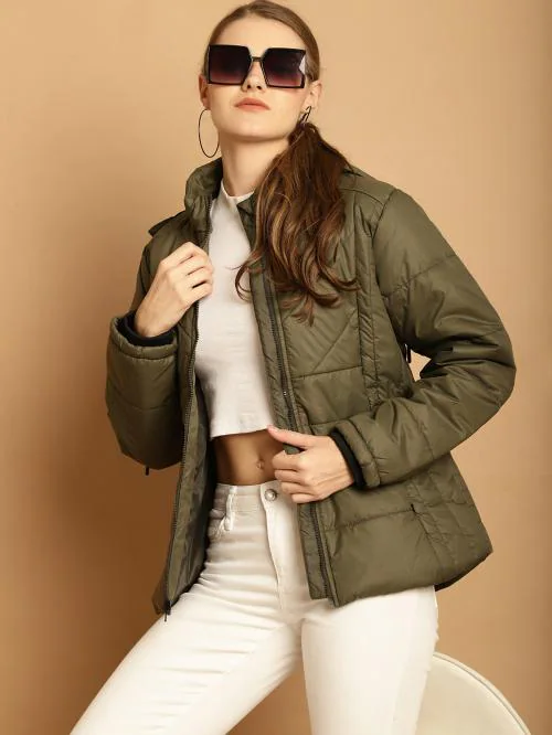 ONNIT Women's Olive winter wear full sleeve solid parka Jacket. Quilted with high quailty polyfill fiber and has a detachable faux fur hood. Has 3 pocket 1 inside and 2 outside.