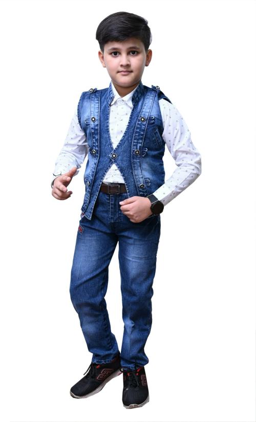 Kuwarsha Boys Blue Self Design Denim Shirt With Jeans And Waistcoat (9 - 10 Years)