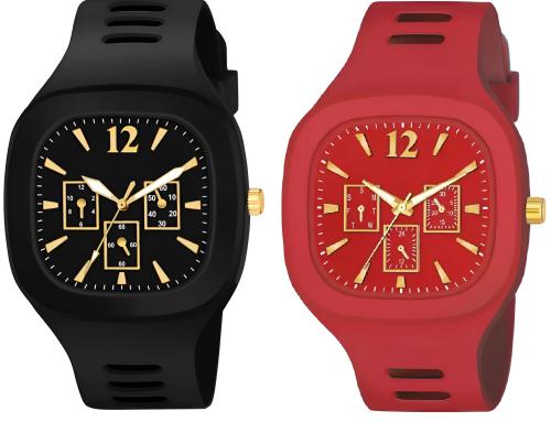 hala New Combo Of Black and Red Square Dial with Silicone Strap