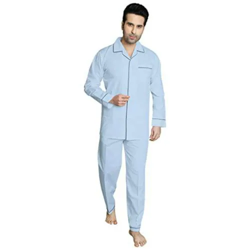 TATWAM Men Light Blue Cotton Nightsuit