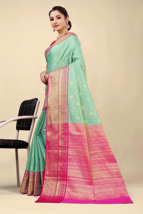 PatialaPicks Pure Silk Saree with Pure Gold Jari Weaving work with Running Blouse Sea Green
