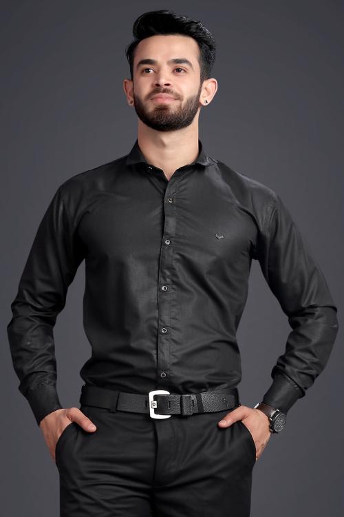 GETCHI Black Lusture Venture Plain Shiny Solid Full Sleeves Regular Fit Formal Shirts
