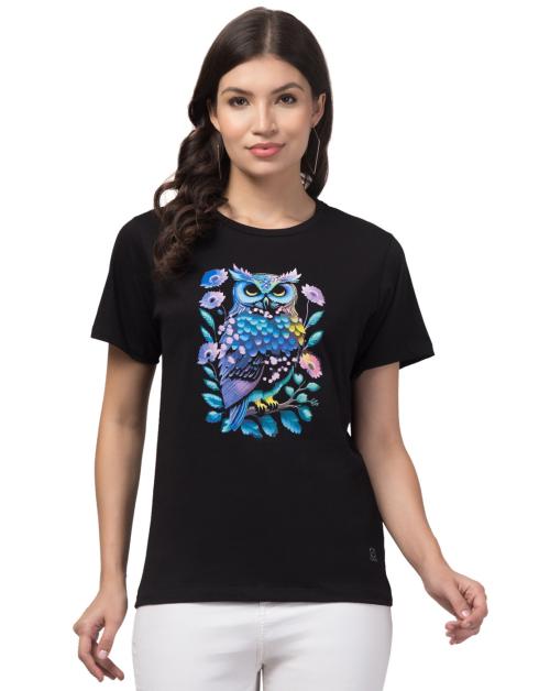 TIAVU Women's Round Neck Printed Half Tshirt | Regular Fit | Owl Black|Size-XL|Black