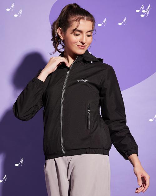 BuyNewTrend Black Waterproof Windcheater Jacket with Hoodie For Women