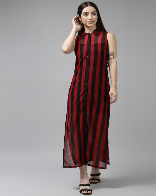 Aarika Womens Black-Maroon Colour Georgette Stripes Dress