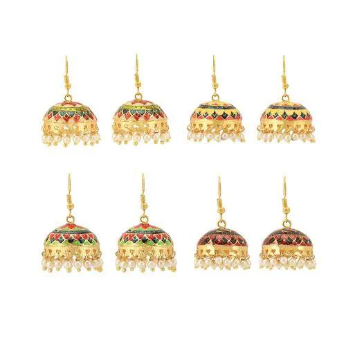 Yellow Chimes Meenakari Handcrafted Jaipur Rajasthani Style Traditional Jhumka Jhumki Earrings Silver for Girls and Women (Pack of 4)