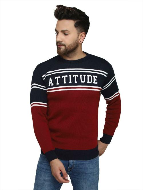 KVETOO Graphic Print Crew Neck Casual Men Maroon, Dark Blue Sweater
