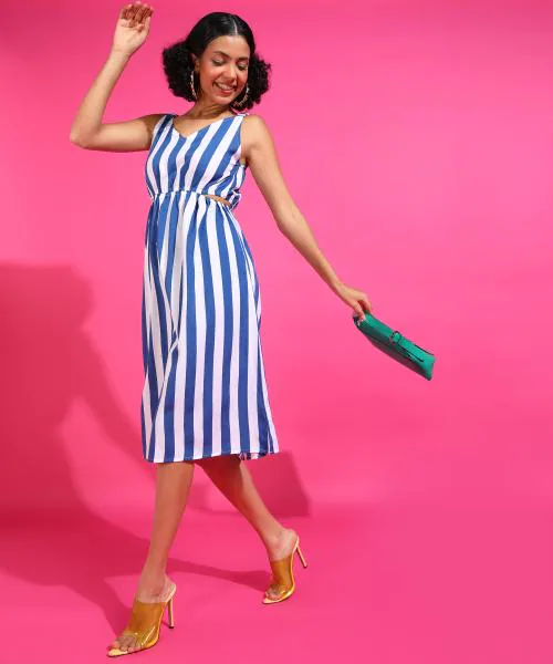 Popwings Women Casual Blue & White Stripe Cutout Dress | Latest Design Dress | Stylish Dress | Trendy Dress