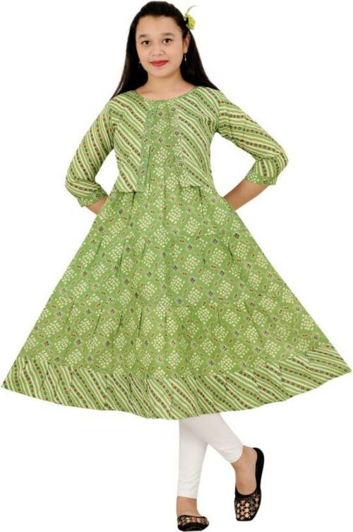 4U GIRL Girls Printed Flared Kurta (Grey)_3476/14 40