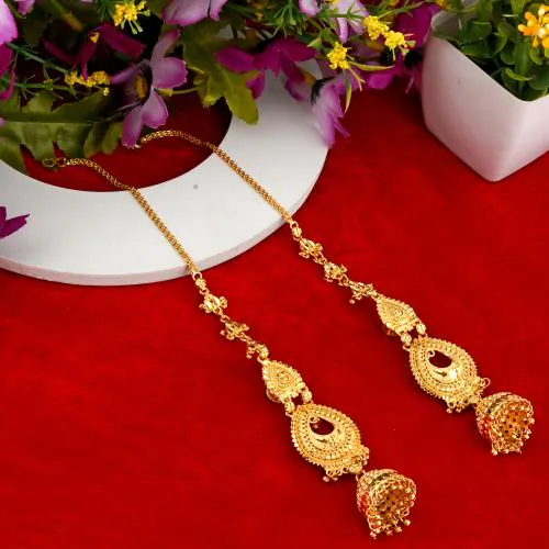 Mansiyaorange One Gram Golden Plated Screw Openable Jhumki Earrings With Ear Chain For Women