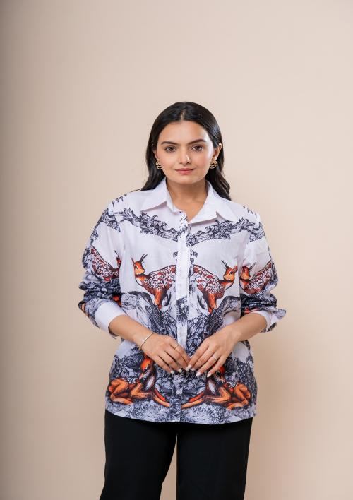 HJ TRENDS Women's Deer Shirt deer forest printed cotton white shirt (White) (Size-4XL)
