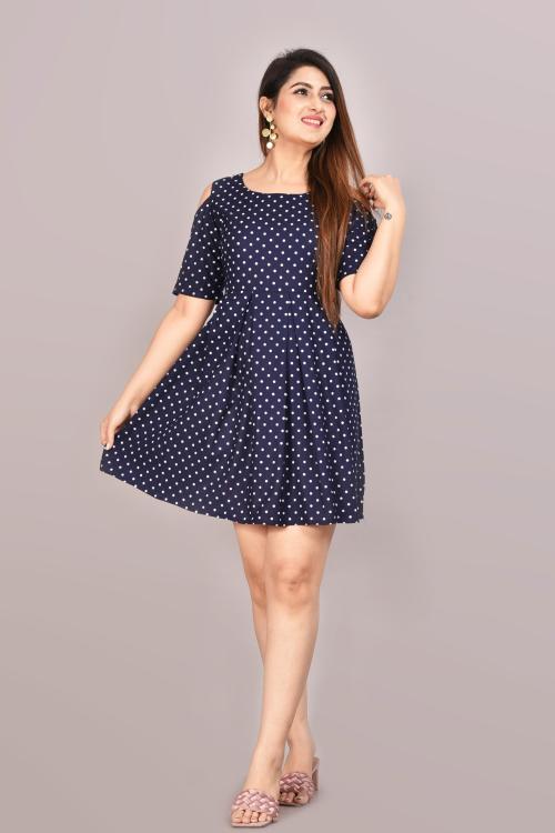 Manojava Women Blue Polka Print Viscose Rayon Fit And Flare Dress (Xl)