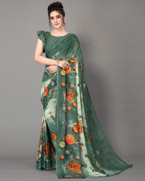 Ruchika Fashion Green Georgette Floral Print Saree With Blouse Material