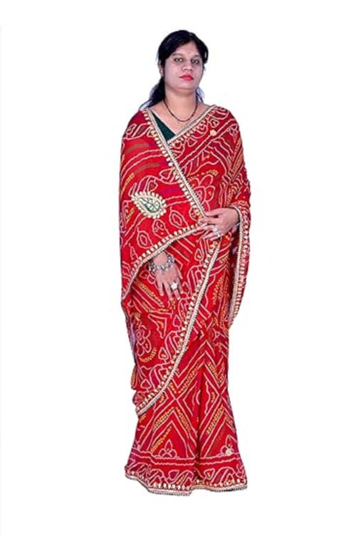 FASHION MOODS Jaipuri Handwork Bandhej Georgette Red Chunri Saree with Matching Blouse Karwachauth Special