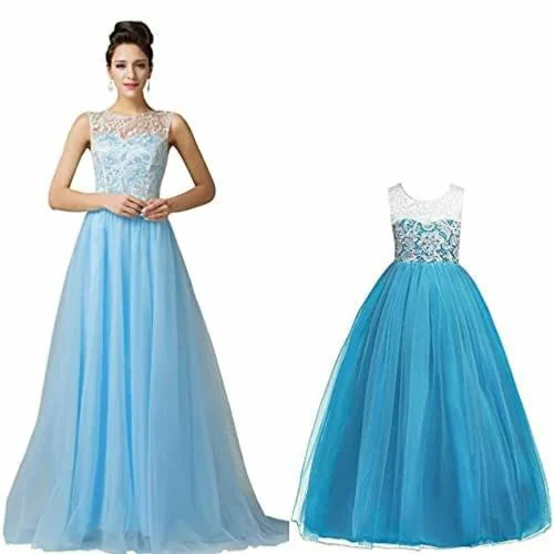 TILISM Women and Girl Sky Blue Soft Net Party Dress - S and 1 - 2 Years